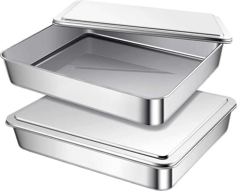Funnymoom 2 Sets Stainless Steel Cake Pan with Lid 9 x 11 Inch Rectangle Bread Loaf Pans with Cover Rectangle Baking Bakeware for Bread Cake Brownies, Dishwasher Safe (Classic Style) - Image 1